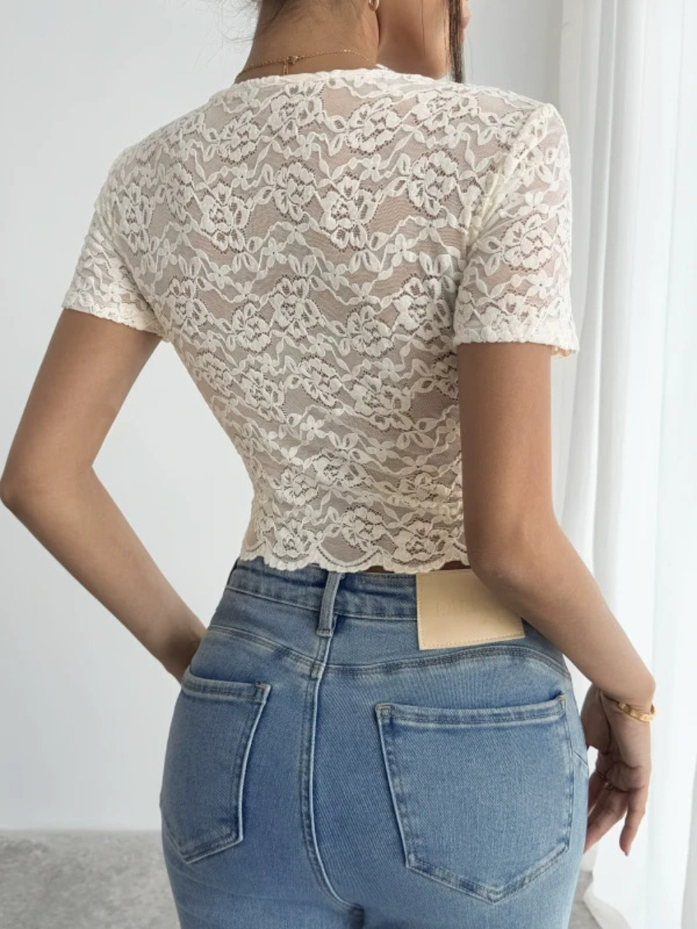 ZARA Women Summer Sexy Lace Neck Cropped Slim Tshirt
